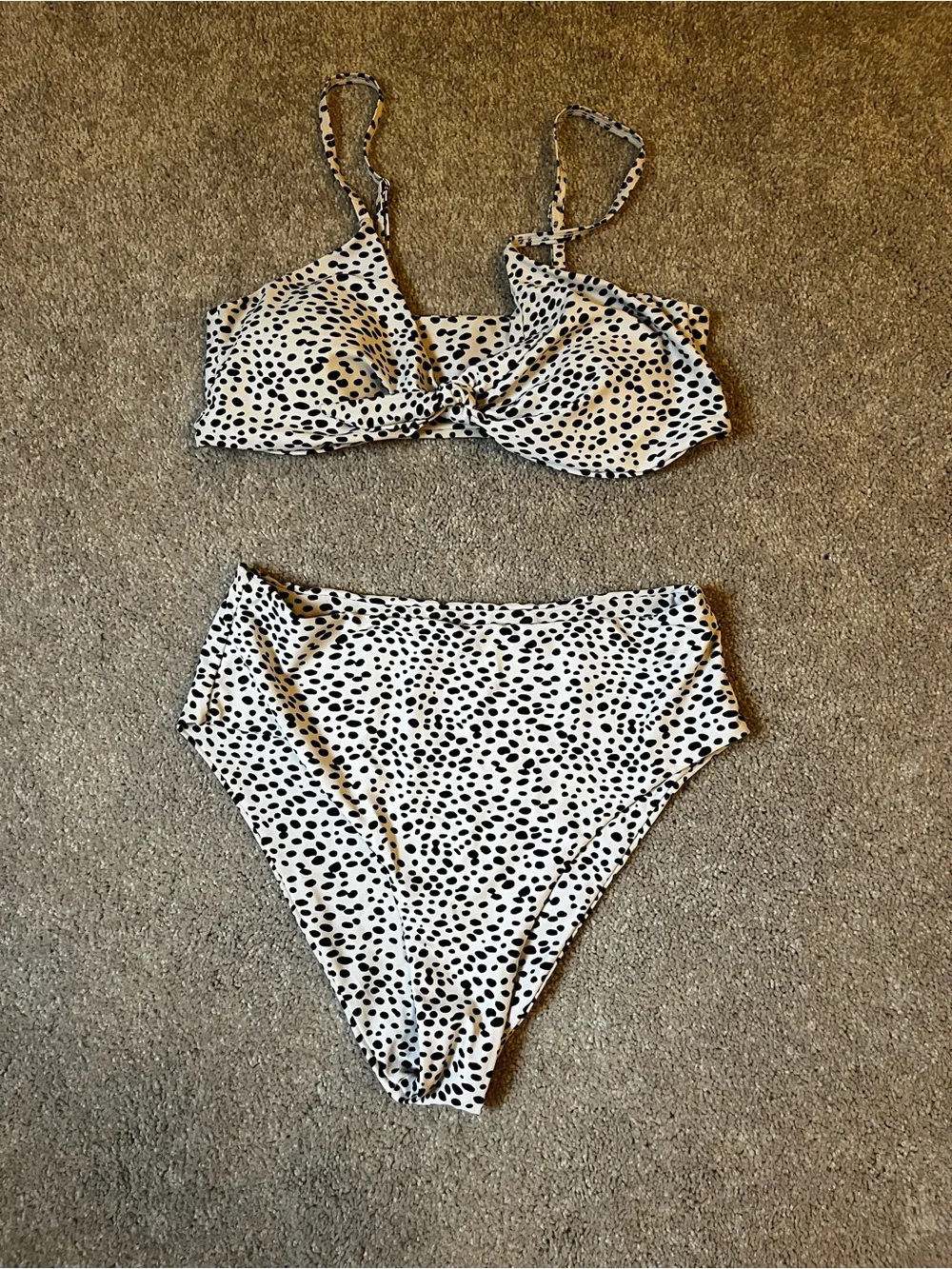 High Waisted Bikini Set in White with Black Spot Print